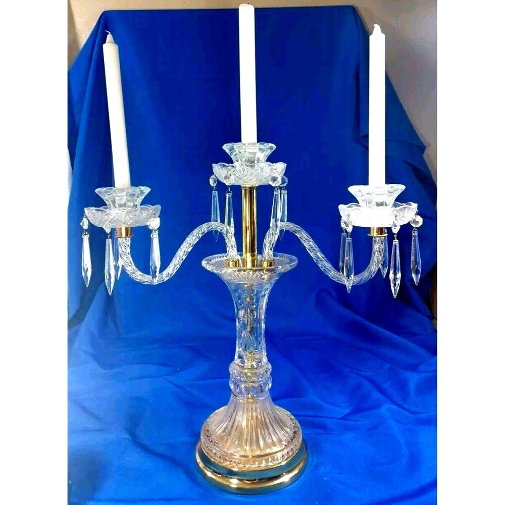 XL Cut Crystal 3 Arm Candlestick Candelabra Prisms Hollywood Regency MCM Brass - Picture 1 of 10